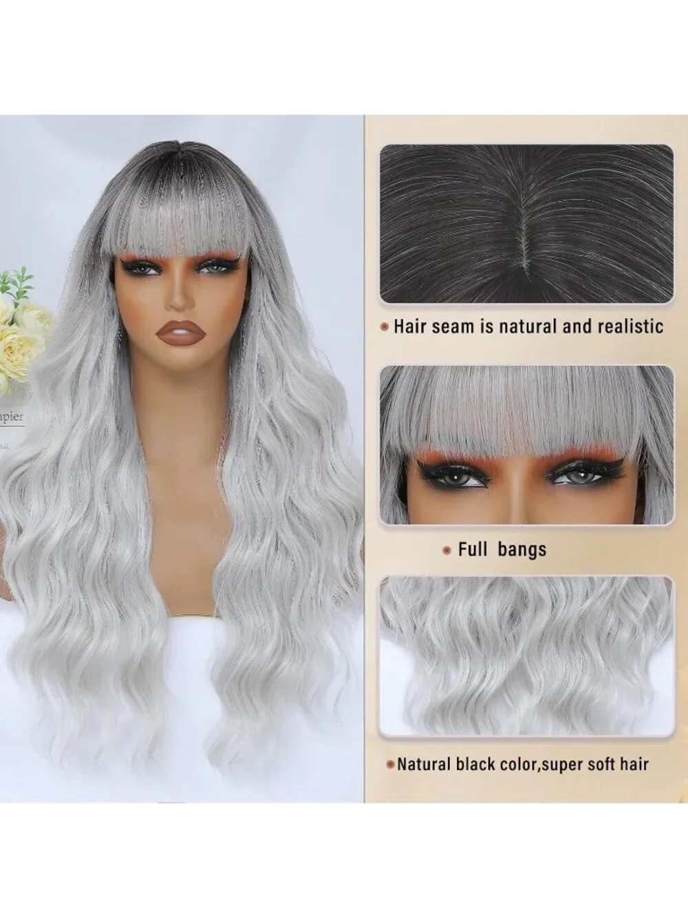 Women's Grey 26 Inch Natural Looking Heat Resistant Synthetic Wigs Bangs